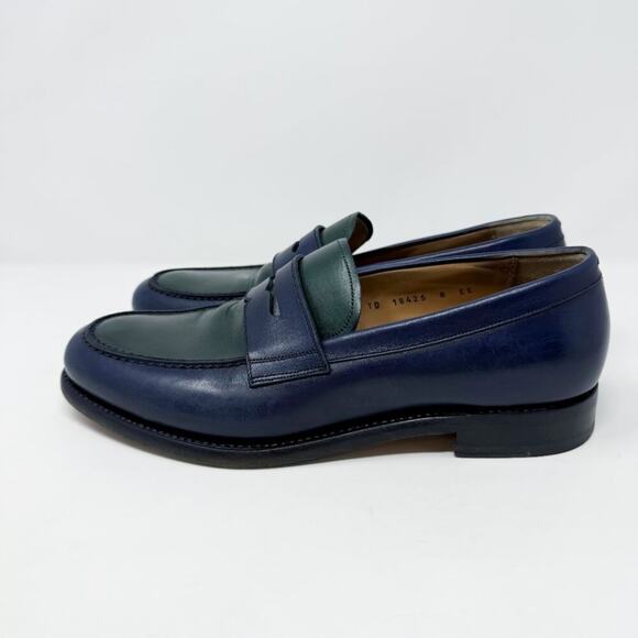 Salvatore Ferragamo Navy & Dark Green Color Block Leather Penny Loafers Size 8EE - Picture 3 of 12